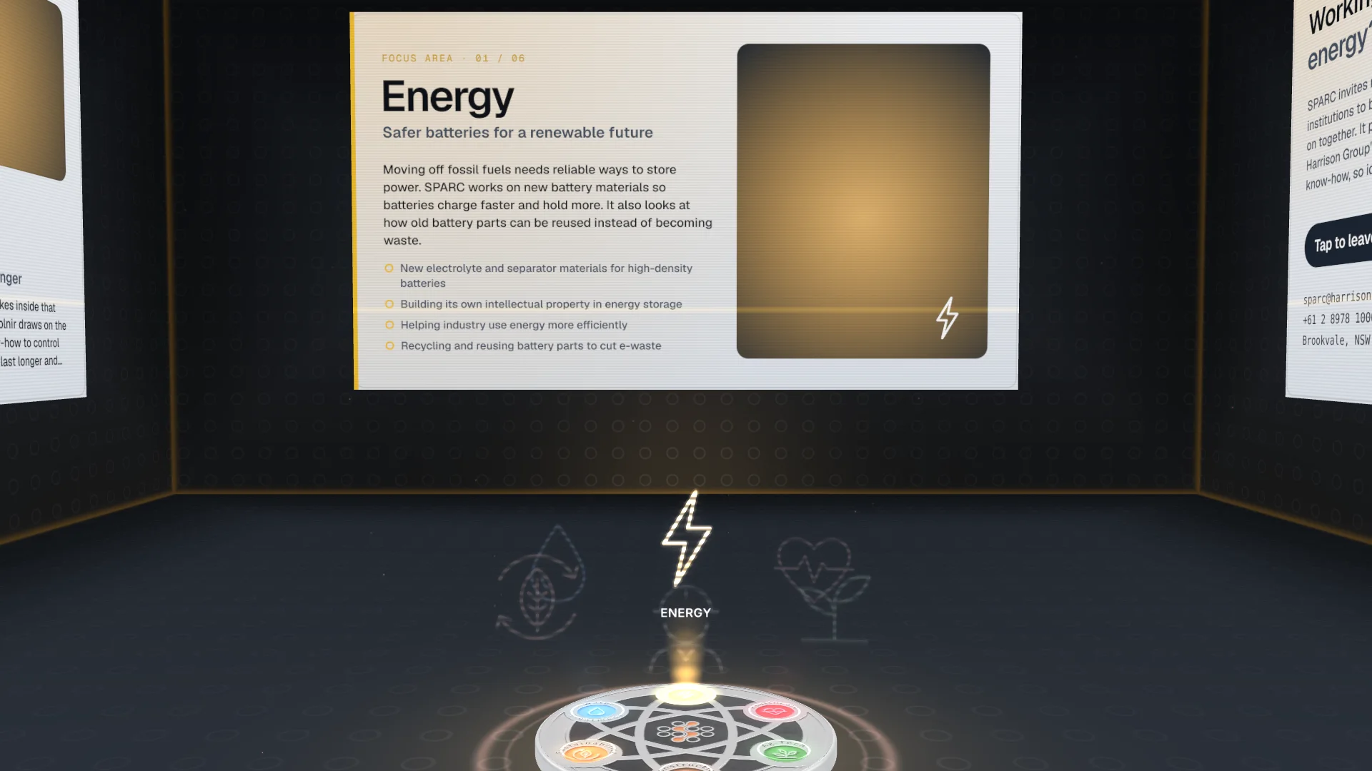 Inside the room: the coin on its ring of light, the six holograms, and the big screen at the front